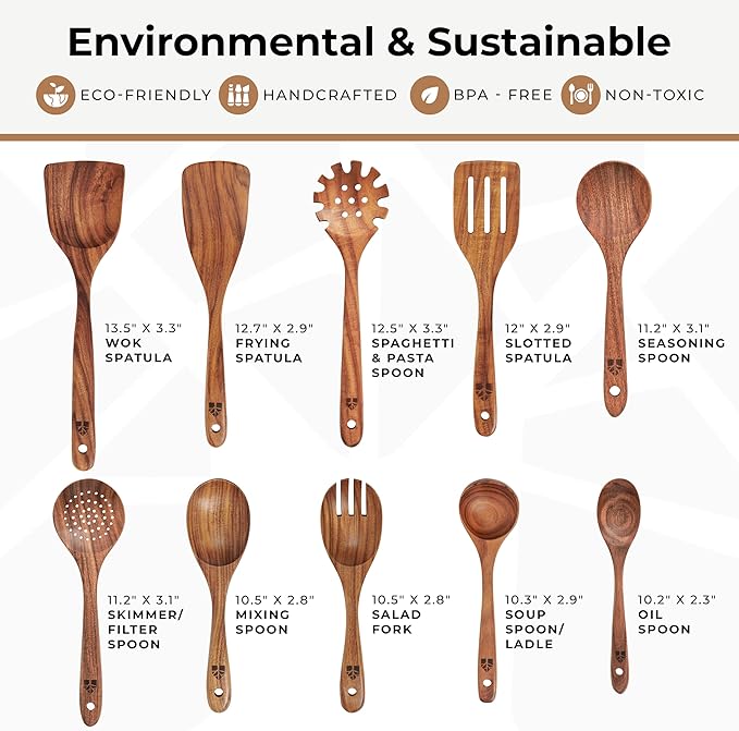 Wooden Spoons for Cooking, 10 Pcs Teak Wood Utensil Set for Nonstick | Durable, Heat Resistant & Food-Safe with Ergonomic Handles – Woodenhouse Kitchen Cookware