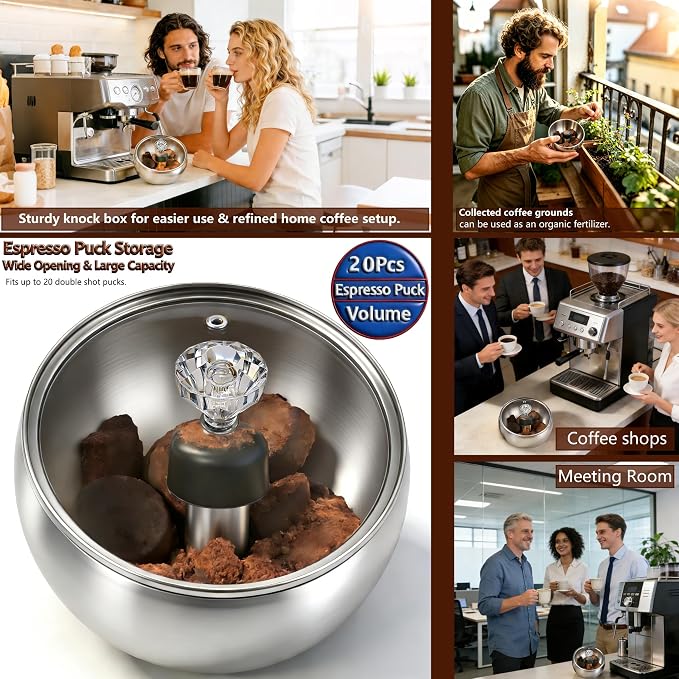 Espresso Knock Box with Glass Lid, Magnetic Knock Bar, Shock-Absorbing Base – Holds 20 Pucks (Silver) | Large Capacity, Coffee Knock Box, Stainless Steel Coffee Grounds Container