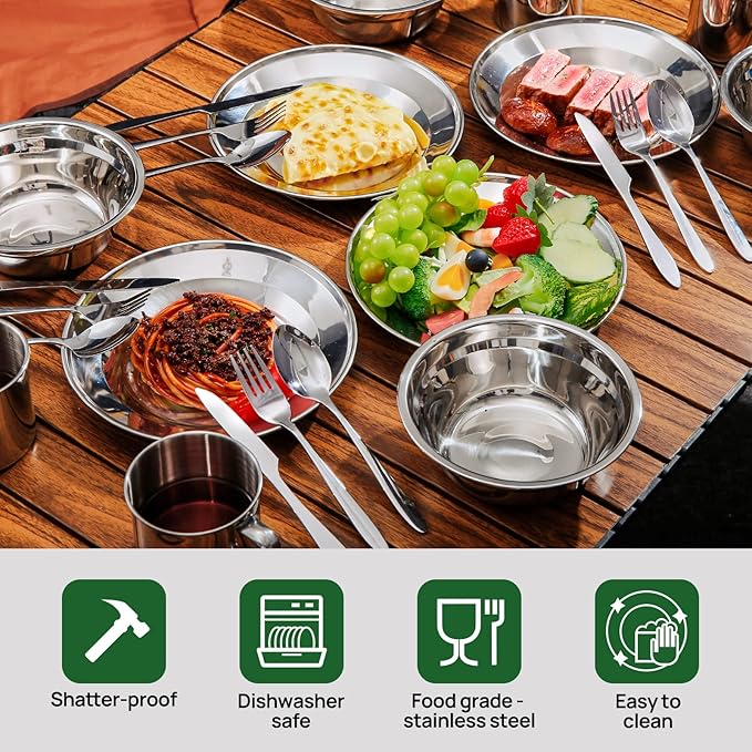 Odoland 29pcs Stainless Steel Utensils Camping Mess Kits for 4 Person | with Bowls Plates Cups Forks Spoons and Knives, Camping Cutlery Set for Backpacking, Family, Outdoor Hiking and Picnic