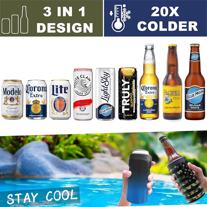 Universal Can Cooler - Signice 3 in 1 Insulated 12 oz Beer Can Insulator Stainless Steel Metal Holder for 12oz Slim Skinny Tall Standard Cans Bottle Hard Seltzer Soda Energy Drinks (Dark Navy)