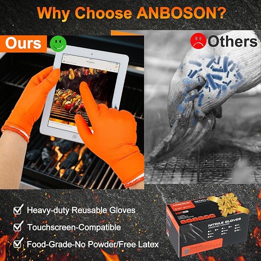ANBOSON BBQ Gloves Disposable, Heat Resistant Grilling Gloves for Cooking | 10Mil Heavy Duty Nitrile Gloves-100Ct &4 Cotton Liners for Meat Handling Smoker for Hot Food Prep,Non-Slip Grip,Large,Orange
