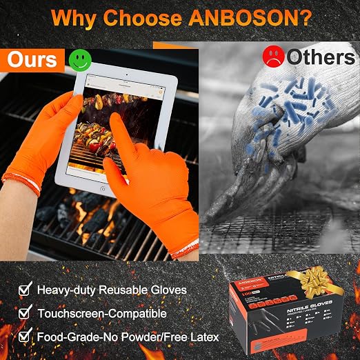 ANBOSON BBQ Gloves Disposable, Heat Resistant Grilling Gloves for Cooking | 10Mil Heavy Duty Nitrile Gloves-100Ct &4 Cotton Liners for Meat Handling Smoker for Hot Food Prep,Non-Slip Grip,XLarge,Orange