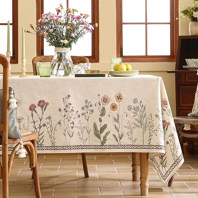 ISAENNE Designer Off White Linen Small Square Tablecloth,Floral Elegant Table Cloth,Stain Resistant Vintage Decor Tablecloths for Dining Thanksgiving Kitchen Christmas,55"*55"-Serenity G