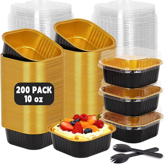 200 Pack 10 oz Black Gold Mini Aluminum Cake Pans with Lids and Spoons, Disposable Square Baking Cups, Oven Safe Foil Ramekins for Individual Desserts, Cupcakes, Cheesecakes Ramekins Muffin