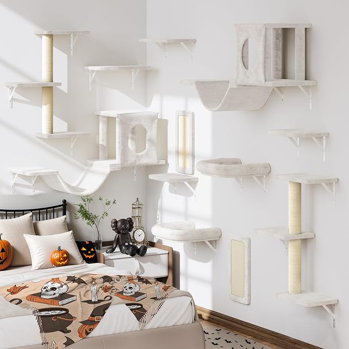 12-in-1 Cat Wall Shelves, Luxury Wall-Mounted Cat Climber Set with Condos House, Scratching Post, Bridge Ladder, Indoor Space-Saving Furniture for Kittens, Beige