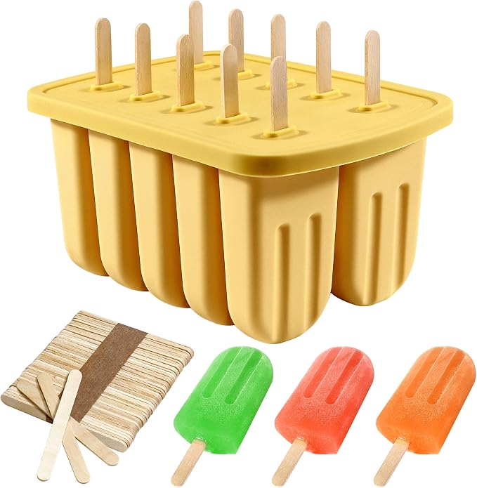 Popsicles Molds, 10 Cavity Silicone Popsicle Molds Easy-Release BPA-free Popsicle Molds Ice Pop Molds Homemade Popsicle Mold Ice Cream Molds with 50PCS Popsicle Sticks for Yogurt Juice Smoothies