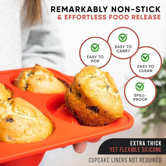 [2 PACK] Jumbo Muffin Pan, 3.5" Large Muffin Pan 6 Cup - Silicone Jumbo Muffin Tin for Baking BPA Free Non Stick - RED
