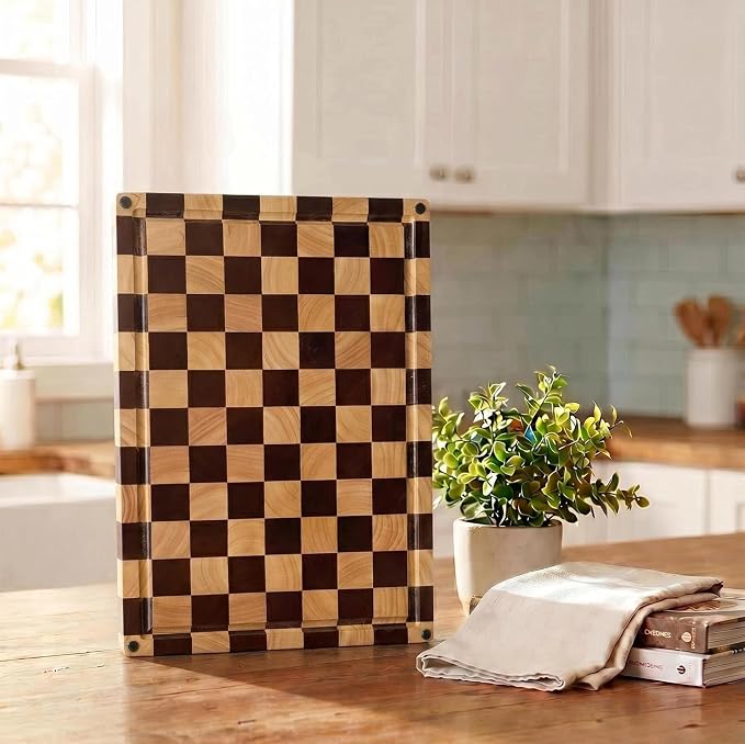 Checkered End Grain Cutting Board with Juice Groove & Handle | 17" x 12" x 1.2" Thick | Acacia & Rubber Wood | Reversible End Grain | Juice Groove | Meat, Bread & Vegetable Prep