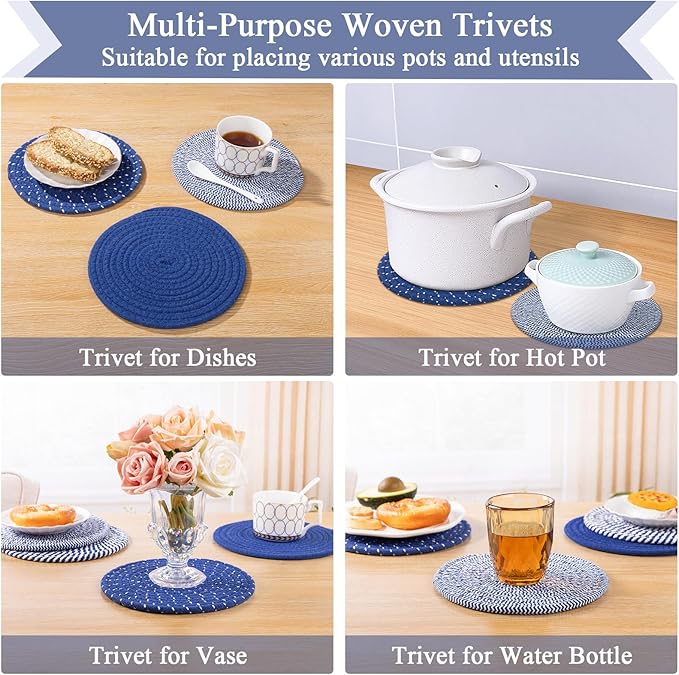 SHACOS 8 Inches Trivets for Hot Dishes, 4 Pieces Cotton Trivets Mats for Kitchen, Hot Pads for Countertops and Table, Heat-Resistant Pot Holders for Hot Pots and Pans(Deep Blue, 4pcs)
