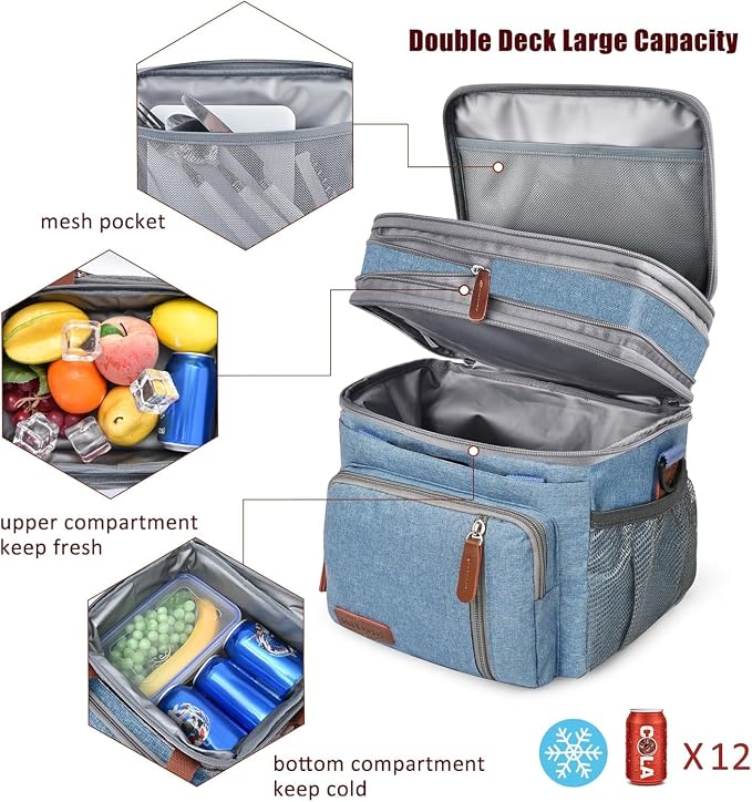 MIYCOO Lunch Bag for Men & Women, Expandable Double Deck Lunch Box, 15L | Leakproof & Waterproof, Portable, Large Soft Insulated Cooler bag for Adult, Work, Camping, Beach, Picnic, Travel