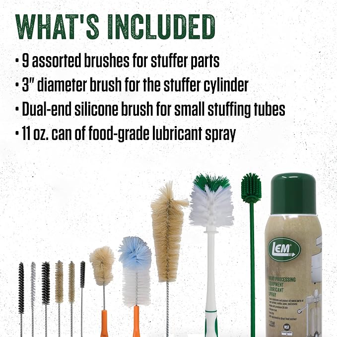 LEM Products Stuffer Cleaning Kit, Brushes and Lubricant Spray | 10 Assorted Cleaning Brushes and Dual-End Silicone Brush to Reach Tight Spaces, 11 Oz Can Lubricant Spray (Food-Grade)