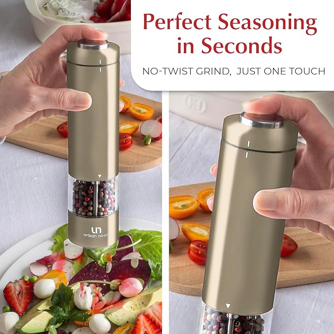 Urban Noon Electric Salt and Pepper Grinder Set (2 Mills, 8.1" Tall) - One-Handed Battery Operated Push-Button Mills with LED Light, Adjustable Ceramic Coarseness, 1-Year Warranty - Champagne