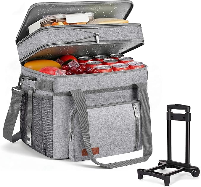 MIYCOO Cooler Bag with Wheels, 60 Can Expandable Double Deck Cooler | Leakproof Insulated Soft Lunch Cooler, Extra Large Portable Ice Chest Cooler for Beach, Picnic, Camping, Shopping (Gray)