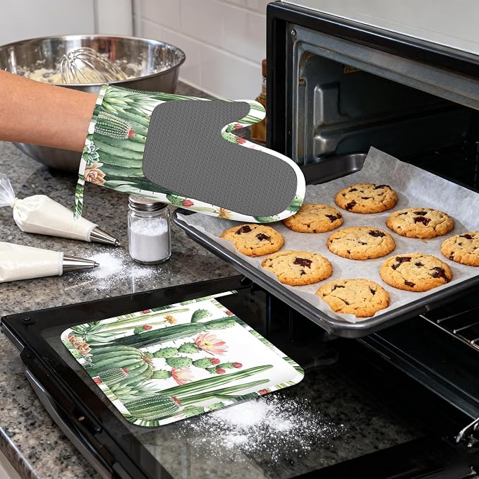 Cactus Succulent Greenery Flower Heat-Resistant Silicone Oven Mitts and Pot Holder 4 Piece Set,Non-Slip Kitchen Oven Gloves for Baking, BBQ, Cooking,Grilling