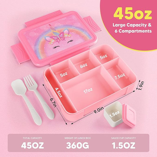 JYPS Bento Box for Kids,Leak-Proof Kids Lunch Box with 6 Compartments,Sauce Container,Utensils,BPA Free Microwave/Dishwasher Safe Lunch Container for Girls and Toddlers Back to School-Pink K