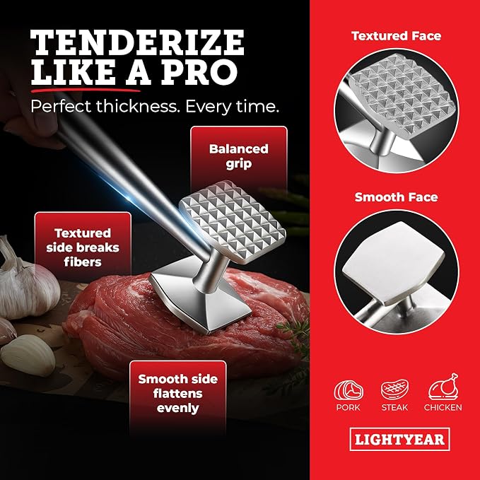 Lightyear Grillmaster Starter Kit – 3-Piece Stainless BBQ Set | Grill tools gift set with meat tenderizer, instant-read thermometer and silicone basting brush – bbq kit for outdoor grill