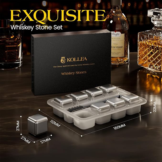 Kollea Whiskey Stones, 8 Packs Stainless Steel Whiskey Chilling Rocks, Reusable Ice Cube for Drinking, Cool Birthday Gift for Men Dad, Boyfriend, Beer Lover, Bourbon, Scotch, Gin, Beverage, New Year