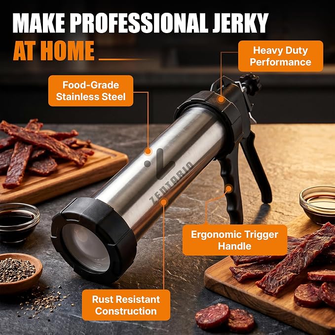Jerky Gun for Ground Meat, Stainless Steel Beef Jerky Maker Kit | Beef jerky gun stainless steel 304, meat stick maker, 5 nozzles, 5 brushes, meat pusher, gloves, 1.7 lb barrel