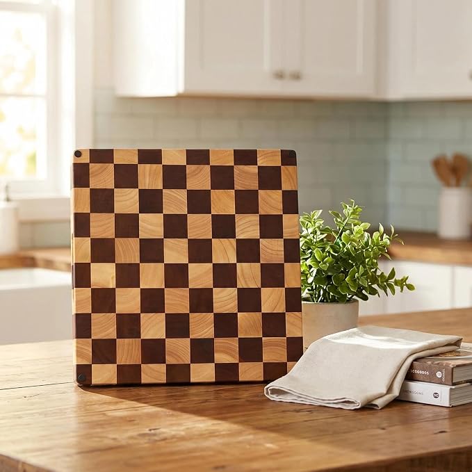Checkered End Grain Butcher Block Cutting Board | 13" x 13" x 1.5" Thick | Acacia & Rubber Wood | Reversible | Heavy Duty Food Prep & Serving