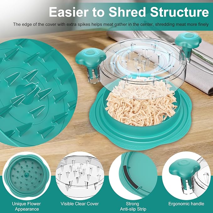 Chicken Shredder Tool Twist Large Meat Shredder with Brush&Fork, Teal | Visible Chicken Breast Shredder, Strong Anti-Slip Strip, Ergonomic Handle, BPA Free, Kitchen Gadgets for Pork Beef Chicken