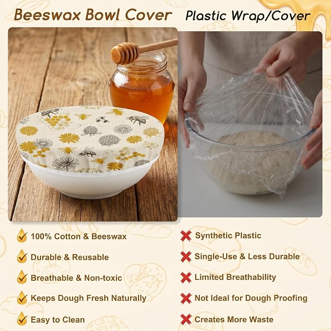 2Pcs Bee Theme Reusable Beeswax Bowl Covers Bread Sourdough Bowl Covers for Proofing Yellow Floral Reusable Elastic Bread Sourdough Cover Wrap Dough Proofing Food Storage Kitchen Baking Supplies