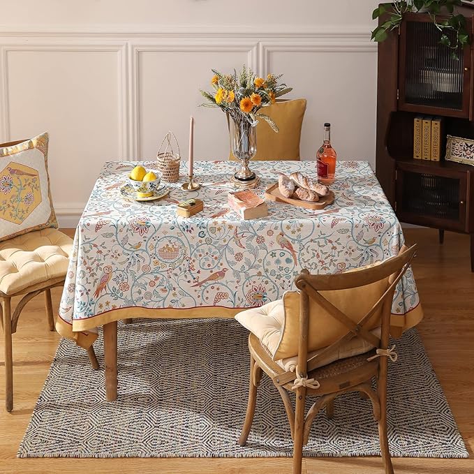 patdrea Designer Vintage Small Square Table Cloth,Yellow Linen Floral Birds Pattern Colorful Tablecloths,Decorative Table Cover for Kitchen Dining Banquet,Christmas,Thanksgiving,55"x55"-Magnolia