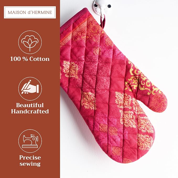 Maison d'Hermine Oven Gloves 100% Cotton Oven Mitt (7" x 13", Pack of 1) | With Loop Heat Resistant BBQ Cooking Gloves Baking Kitchen Handling Hot Pans Thanksgiving Christmas - Versailles