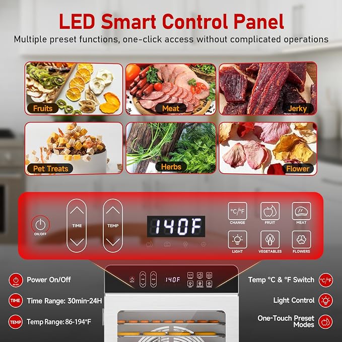 10-Tray Dehydrator, 9.1ft², 800W, 194°F & 24H Timer for Jerky, Fruit, Meat | Large Capacity Stainless Steel Commercial Food Dehydrator 24H Time Control