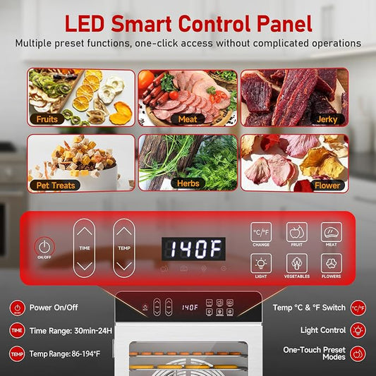 10-Tray Dehydrator, 9.1ft², 800W, 194°F & 24H Timer for Jerky, Fruit, Meat | Large Capacity Stainless Steel Commercial Food Dehydrator 24H Time Control
