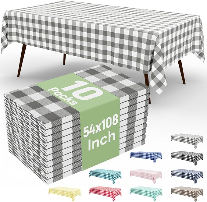 10 Packs Buffalo Disposable Table Cloth, 54 x 108 Inch Waterproof Plastic Tablecloth, Rectangle Grey and White Checkered Table Covers for Picnic, Birthday, Party, Back to School