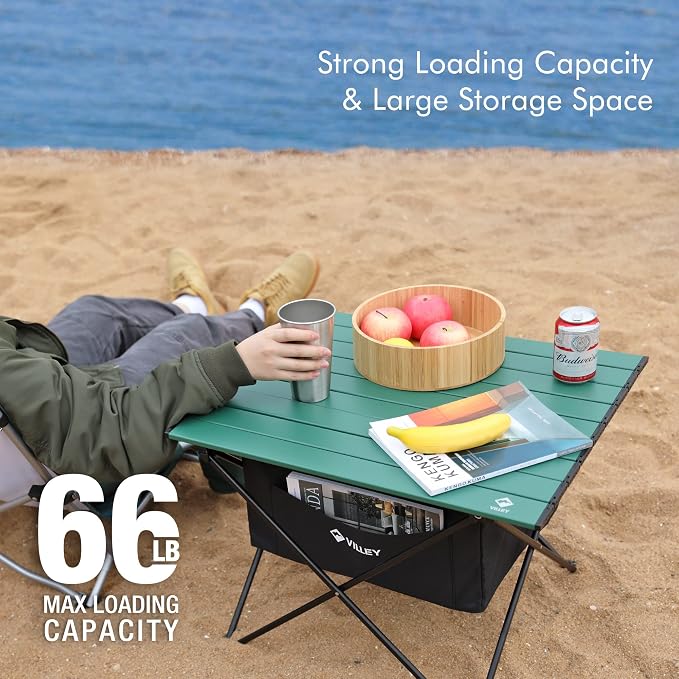 VILLEY Portable Camping Side Table, Ultralight Aluminum Folding Beach Table | Lightweight & Portable, Under-Table Storage Hammock, Carry Bag for Camping, Beach, Picnic, Boat & Travel