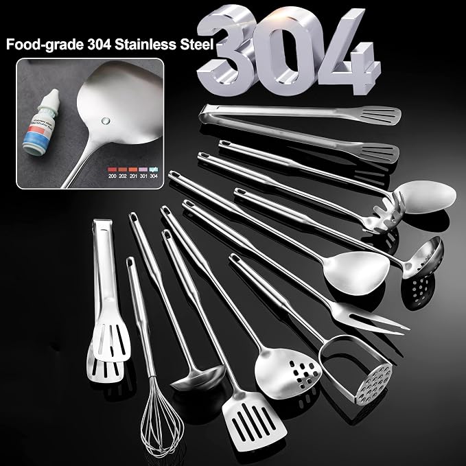 Stainless Steel Kitchen Utensils 12 Pcs, Small Cooking Utensils Set | Dishwasher safe; 304-Healthy; One piece-sturdy; Fits for person new to cooking; Perfect for a B&B or rental or camper