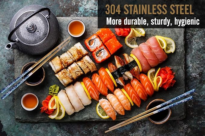 Metal Chopsticks Titanium Plated Stainless Steel Chopsticks Reusable Dishwasher safe Japanese Korean Chopstick lightweight Laser Engraved Anti-slip Chop sticks for Eating 2 Pairs Gift Set Blue Gold