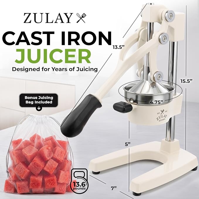Zulay Kitchen Cast Iron Juicer - Heavy Duty Manual Juicer with Detachable Strainers for Easy Cleaning, Orange Juice Press for Citrus Fruits, Perfect for Bartenders, Juice Lovers & Health Enthusiasts