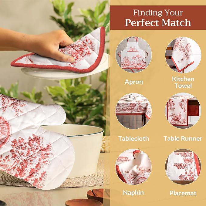 Maison d' Hermine 100% Cotton Oven Mitt & Pot Holder Set (7.5"x13" & 8"x8") | Heat Resistant BBQ Cooking Gloves with Loop Baking Grilling Kitchen Home Farmhouse Thanksgiving Christmas - Holy Jouy - Red