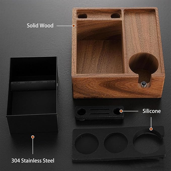 Walnut Espresso Knock Box and Tamping Station, Coffee Organizer Box Fit for 58mm Espresso Tamper Distributor Portafilter Holder & Puck Screen Multi Accessory Storage
