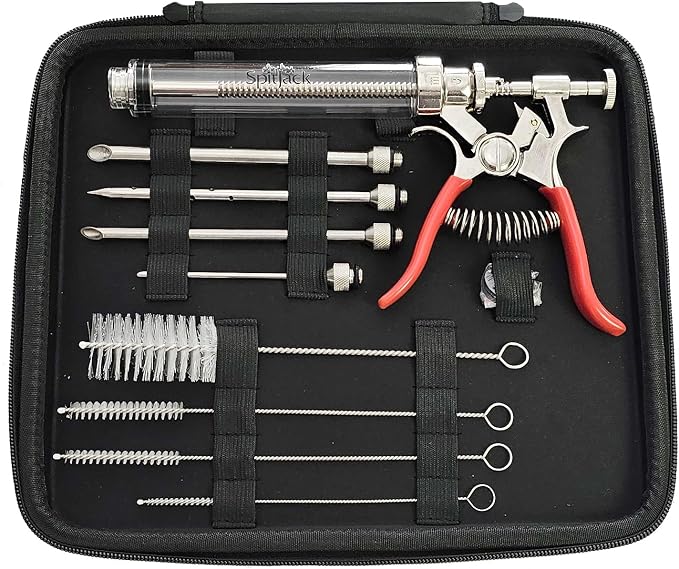 PULSE Meat Injector Gun, BBQ Meat Marinade Injector Kit for Brisket, Pork Shoulder, and Chicken, 50ml with 4 Stainless Steel Needles, Case and Guide