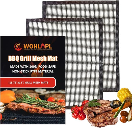 2 Pack Grill Mesh, Non Stick BBQ & Baking Mats, Heavy Duty, Reusable and Easy to Clean, Works on Gas, Charcoal and Electric BBQ (15.7 x 13 Inch x 2 pcs)