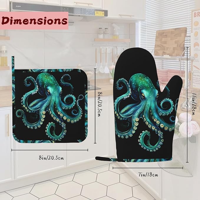 Octopus Silicone Oven Mitts and Pot Holders,Heat-Resistant 4 Piece Kitchen Set Non-Slip Oven Gloves and Hot Pads for Cooking, Baking, Grilling,BBQ