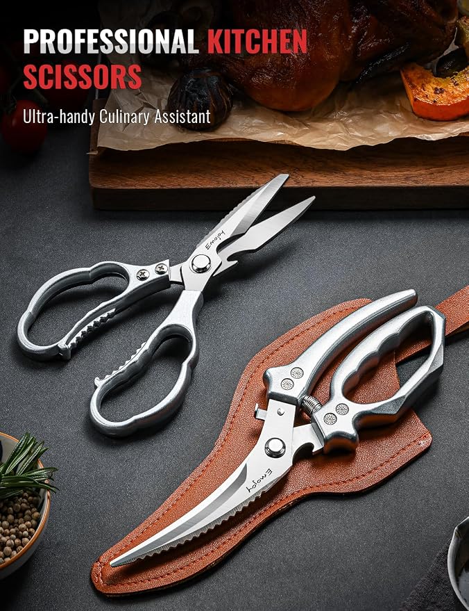 2-Piece Kitchen Scissors Set with Poultry Shears, Japanese Stainless Steel Kitchen Shear, All Purpose Scissor for Food, Chicken Bones, Dishwasher Safe