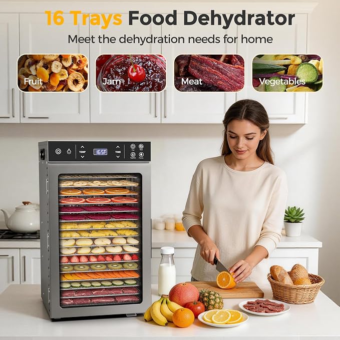 Suteck 800W Food Dehydrator with 16 Trays for Jerky, Fruit, Veg, Meat | Stainless Steel, 4 Presets, Strong Dual Fans & 360° Airflow, 85°F–195°F, 48H Timer, Built-in Light, Quiet