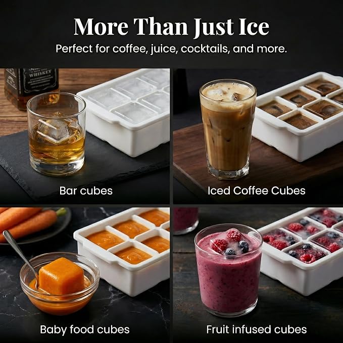 KitchFort® Large Silicone Ice Cube Tray (2-Pack) - 2" Big Ice Mold with Lid | Easy Release, Cocktail, Whiskey Ice Cubes Mold - Food Grade - Ice Cube Trays for Freezer - Stackable Silicone Ice Tray