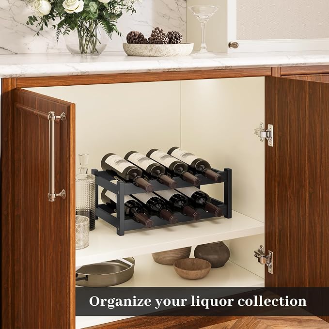Wine Rack，Bamboo Wine Storage Cabinet Shelf，Countertop Wine Shelf- Freestanding Wine Holder for Kitchen & Pantry (Black, 2-Tier)