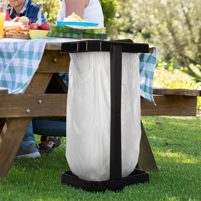 Wakeman Heavy Duty Black Trash Bag Portable Trash Bag Holder Stand with 7 Bags - Collapsible Trash Can Camping, RV, Kitchen, or Tailgate Party Garbage Bag Holder