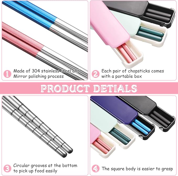 Patelai 4 Pairs Portable Chopsticks with Case Metal Stainless Steel Chopsticks Reusable Portable Utensil for Travel, Office Lunch & Holiday Gift for Friends & Family
