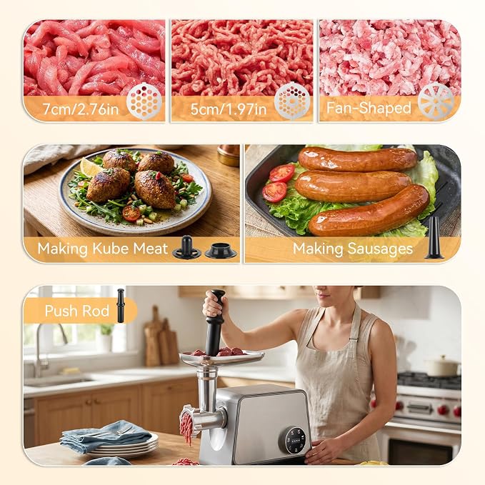 Electric Meat Grinder 1200W Max with Touch Color Screen, Vegetable Cutter,Reverse, and Multi-Function for Meat Grinding, Bone Grinding, Sausage & Meatball Making for Home