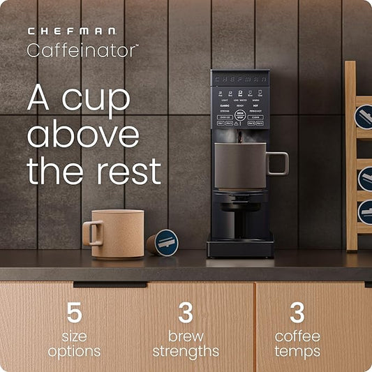 Chefman Caffeinator Single Serve Coffee Maker, Brew Kcups & Grounds, Drip Coffee Machine with Brew Strength Settings, Iced Coffee Function, 48 oz. Removable Water Reservoir - Includes 4 Filters
