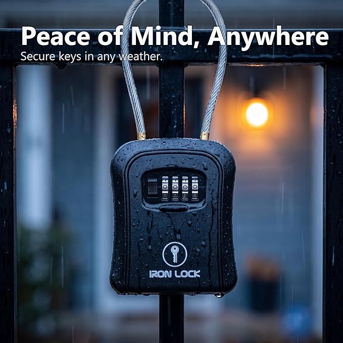 Iron Lock® Medium Key Lock Box with Code, 15-in Steel Cable Shackle (Black) | Built-in key hooks + catch tray; hangs on handles, gates, fences or a hasp; wall-mountable; dial cover; no batteries