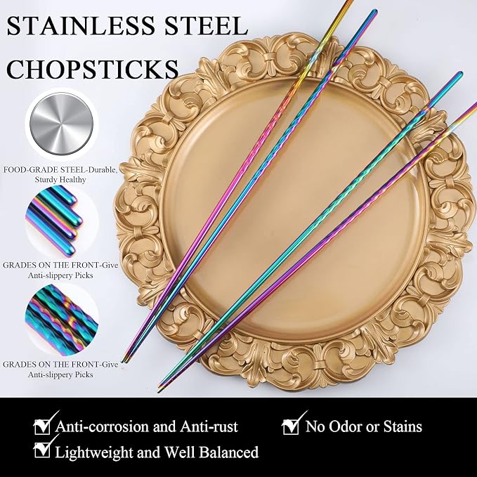 Patelai 4 Pairs Long Cooking Chopsticks 15.3 Inch & 16.5 Inch Extra Long Stainless Steel Wooden Noodles Chopsticks for Kitchen Cooking Frying Hot Pot, Non Slip Threaded(Mixed Color, Wood Color)
