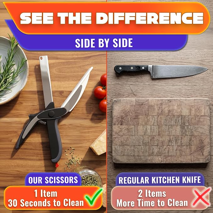 2 in 1 Kitchen Scissors for Food with Cutting Board, Safety Lock | Stainless Steel Cutting Board Scissors for Veggies, Fruit & Cheese; 9.5" Detachable Blade; Dishwasher Safe Tomato Knife